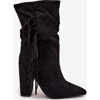 Dámské kozačky Zateplené dámské kotníkové boty na sloupkovém podpatku s třásněmi a řasením Darlina – černé Velikost: 36