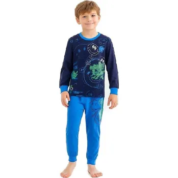 Chlapecké pyžamo BAVLNĚNÉ CHLAPECKÉ PYŽAMO SMAJLÍK NOVINKA Barva: Tmavě modrá, Velikost: 164