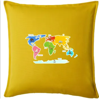 Polštář Světové kontinenty s názvy a zvířátky - Polštář 50x50 - 50x50 - Pouze potah ( Žlutá )