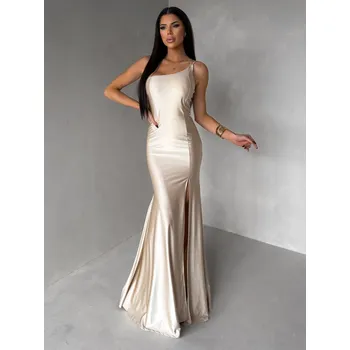 Dámské oblečení Béžové společenské dlouhé šaty GAREVIA s rozparkem Velikost: ONESIZE