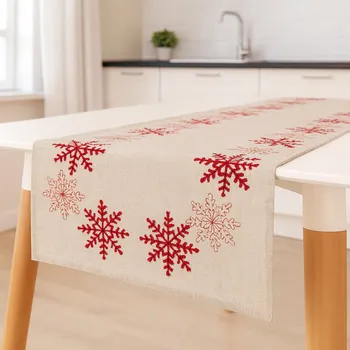 Běhoun na stůl imitace lnu 160x30 červené vločky
