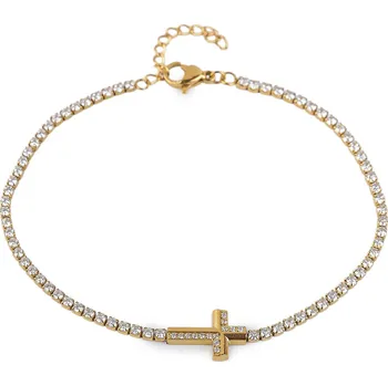 Náramek Štrasový náramek z nerezové oceli křížek, střední, crystal zlatá