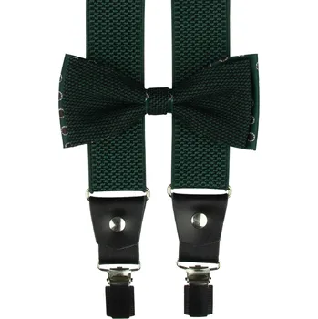 Kšandy Smaragdově zelený pánský set s hnědo bílým vzorem - kšandy, motýlek a kapesníček