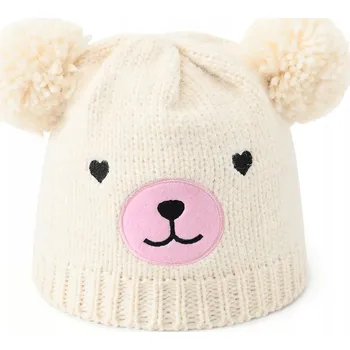 Čepice 48-54 ČEPICE zimní UNIVERZÁLNÍ besnazzy MEDVÍDEK s bambulkami ouška krémová