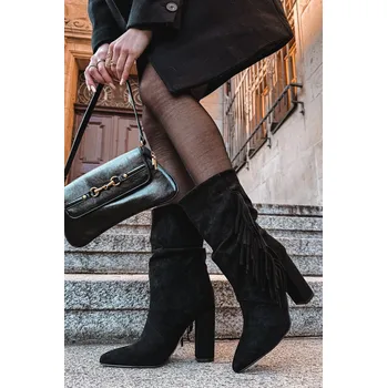 Dámské kozačky Darlina dámské boty na podpatku s třásněmi a mačkáním zateplené černé 37