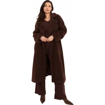 Tmavě hnědý dlouhý dámský teddy kabát s kapsami a páskem ONE SIZE