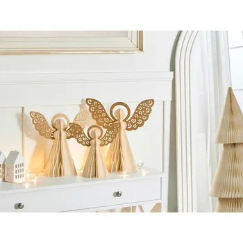 Vánoční dekorace Sada 3 vánočních andlíků béžový papír s efektem včelí plástve origami sváteční motiv Beliani