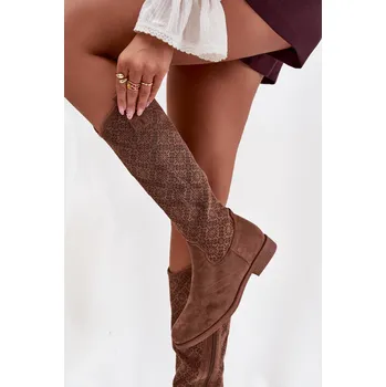 Dámské kozačky Dámské Kozačky S Mřížkovým Vzorem Na Ploché Podpatku S Barški HY52 534 Hnědé 40