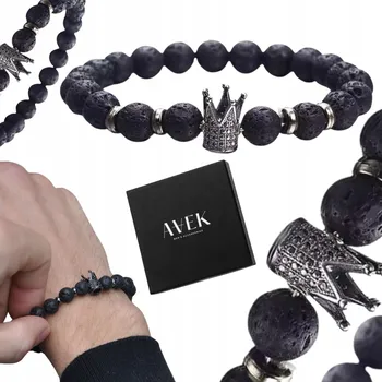 Náramek PÁNSKÝ NÁRAMEK KORÁLKOVÝ ČERNÝ Z LÁVOVÉHO KAMENE S KORUNKOU AVEK 8MM