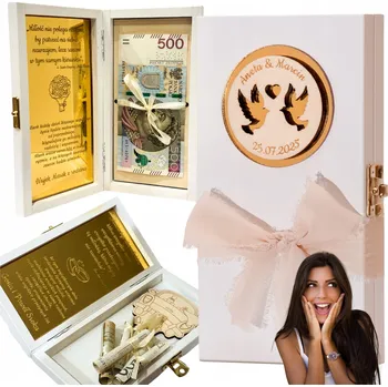 Obraz DÁREK na SVATBA Dřevěná krabička na peníze svatba Gravírování Krabička Zlatá