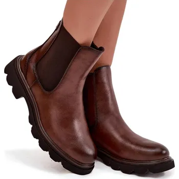 Dámská zimní obuv KOTNÍKOVÉ BOTY CHELSEA Z EKOKŮŽE LEHKÉ NA ZIP ZATEPLENÉ KOŽÍŠKEM HNĚDÉ 38