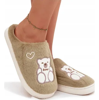 Dámské pantofle PANTOFLE KOŽEŠINOVÉ, TEPLÉ, POHODLNÉ, S MEDVÍDKEM A SRDÍČKY, ZELENÉ 38/39