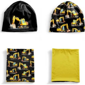 Panel se střihem M funkční úplet set čepice a nákrčník bagry černé