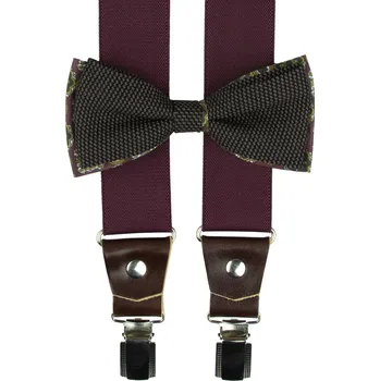 Kšandy Bordó pánský set s hnědým vzorem – kšandy, motýlek a kapesníček