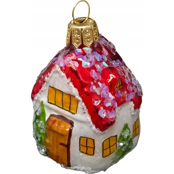 Vánoční dekorace Vánoční domeček s červenou střechou - Skleněná Vánoční Koule