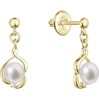 Náušnice Zlaté 14 karátové náušnice visací s říční perlou a brilianty 91PB00057