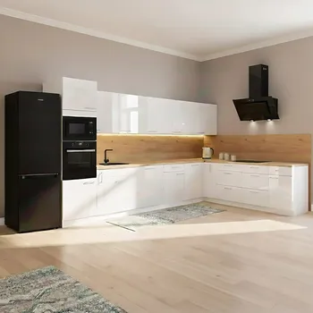 Kuchyňská linka Kuchyňská linka LARA wh | ve tvaru L | 410x260 cm | UNI provedení | zásuvky PREMIUM BOX | bílá lesk