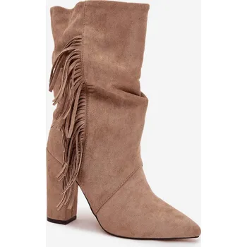 Dámské kozačky Zateplené dámské kotníkové boty na sloupkovém podpatku s třásněmi a řasením Darlina – béžové Velikost: 39