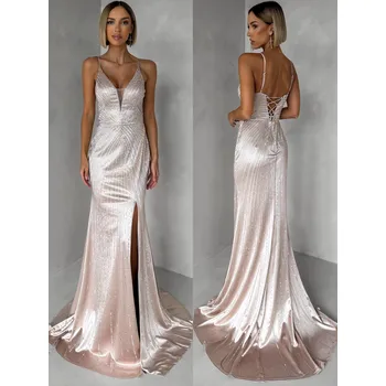 Dámské oblečení Zlaté plesové třpytivé společenské šaty RAVELLE s rozparkem Velikost: S