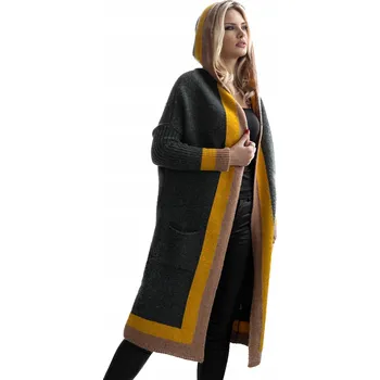 Dámský svetr 30085 DLOUHÝ KARDIGAN S KAPUCÍ A LEMOVÁNÍM KHAKI