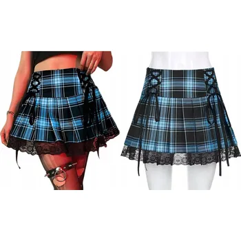 Dámská sukně Stylová plisovaná sukně s kostkovaným vzorem a krajkou, rock punk emo goth styl - Velikost S