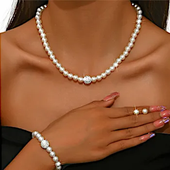 Náramek Stříbrný Náhrdelník Zirkony Perly Elegantní Sada Náušnice Náramek