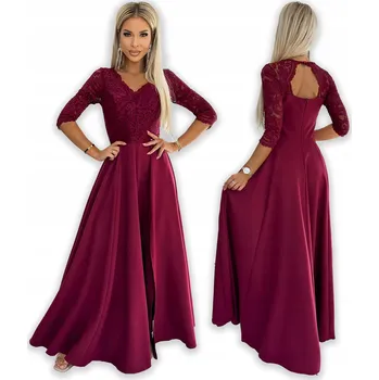 Dámské šaty AMBER elegantní dlouhé maxi šaty s krajkovým výstřihem BORDOVÁ - L