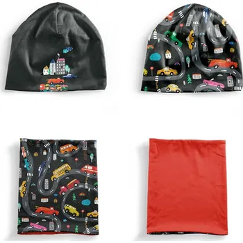 Panel se střihem XS funkční úplet set čepice a nákrčník barevná auta