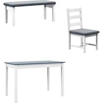 HOMCOM Jídelní set HOMCOM, jídelní stůl se 2 čalouněnými židlemi, lavice, 4dílný jídelní set, jídelní set se vzhledem lnu, borovicové dřevo, šedá, bílá | Aosom