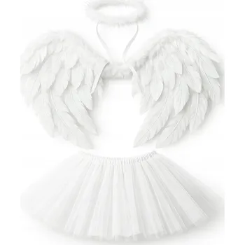 Karnevalový kostým KOSTÝM ANDĚL S KŘÍDLY, SVATOZÁŘÍ A SUKÝNKOU - ANDĚLSKÝ SET NA VÁNOČNÍ HRY, PLES bílá vánoční