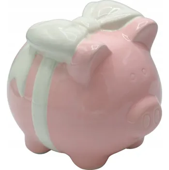 Pokladnička Keramické prasátko pokladnička růžové s bílou mašlí 15x13 cm – roztomilá dekorace