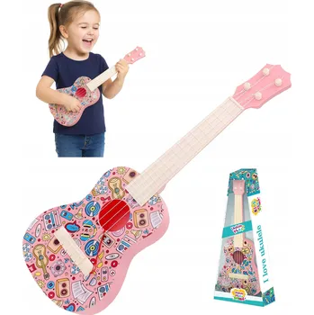Hudební nástroj pro děti Hračkové ukulele růžové se vzory - výuka hry na hudební nástroj