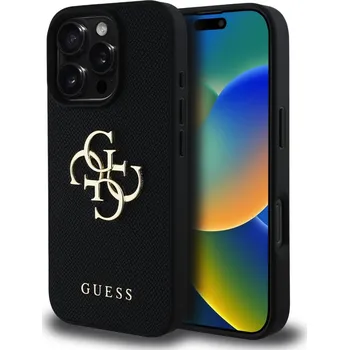 Náhradní díl pro mobilní telefon Guess PU Grained 4G Metal Logo zadní kryt pro iPhone 16 Pro Max Black