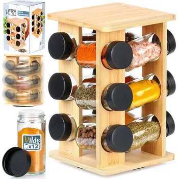 Otočný stojan NA KOŘENÍ s dózami, bambusová police na kořenky do kuchyně