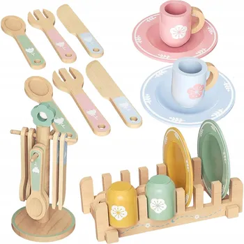 Dětská kuchyňka Montessori kuchyňské nádobí pro děti, dřevěná sada 22 ks – Čajová souprava