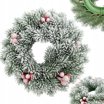 Věnec SMREKOVÝ VĚNEC SE SNĚHEM A ČERVENÝMI BOBULKAMI, PRŮMĚR 28 CM