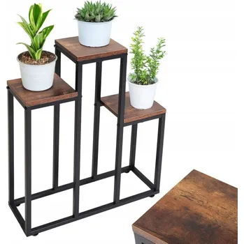 Stojan na květiny Držák Na Květináč stojící kovový patrový stojan na 3 květiny, regál, dub antický