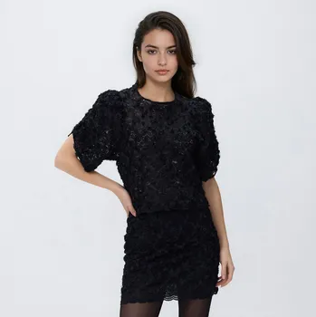 Dámské tričko Reserved - Top s&nbsp;aplikacemi - černý - 115IC-99X - 115IC-99X-S