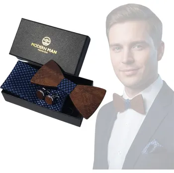 Motýlek SADA DŘEVĚNÝCH MOTÝLEK PÁNSKÝCH MODRÝCH KAPESNÍČKŮ SPONKY ELEGANTNÍ DÁREK