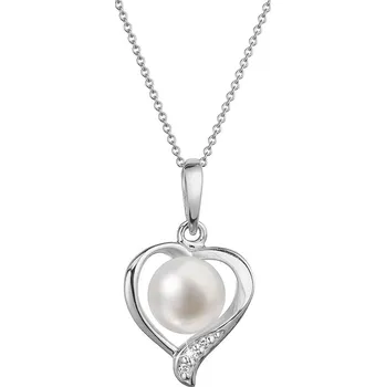 Náhrdelník EVOLUTION GROUP CZ Zlatý 14 karátový náhrdelník srdce bílé zlato s bílou říční perlou a brilianty - 82PB00049