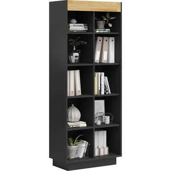 Knihovna Moderní černá knihovna s dřevěnými prvky na knihy a dekorace - Přírodní dub/ slonová kost