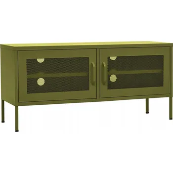 Televizní stolek Ocelová skříňka pod TV olivově zeleň 105x35x50 cm, 2 dvířka ze síťoviny