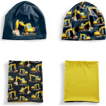 Panel se střihem XS funkční úplet set čepice a nákrčník bagry tmavě modré