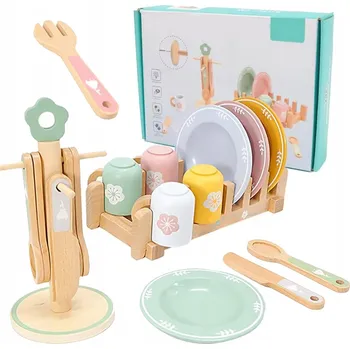 Dřevěná hračka Dřevěná čajová souprava s podnosem – 22 dílů, hra na domácnost pro děti