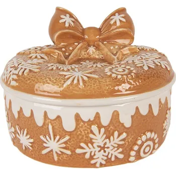 Dóza na potraviny Hnědá keramická perníková dóza s mašlí a vločkami Snowflakes - Ø 20*13 cm