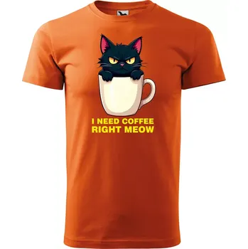 Pánské tričko Sablio Tričko s potiskem I need coffee right meow - oranžové S