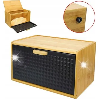 chlebník VELKÝ CHLEBNÍK NA PEČIVO ROHLÍKY CHLÉB BAMBUSOVÝ KONTEJNER Kovové víko ČERNÝ