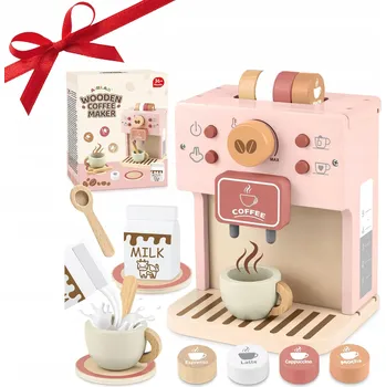 Dřevěná hračka DŘEVĚNÝ KÁVOVAR NA HRAČKY PRO DĚTI RŮŽOVÝ + ŠÁLKY A PŘÍSLUŠENSTVÍ
