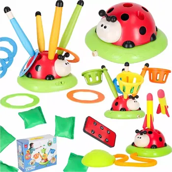 Hračka pro nejmenší Interaktivní hra pro děti 4v1 – beruška se skákací překážkou, vystřelovačem raket a hodem na cíl