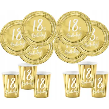 Talíř Sada ZLATÁ 18. Narozeniny Talířky Kelímky 12 Ks